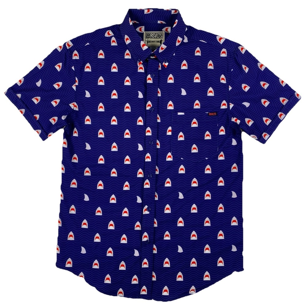 RSVLTS Chomp Shirt Men's Medium Blue Jaws Shark Short Sleeve Button Down